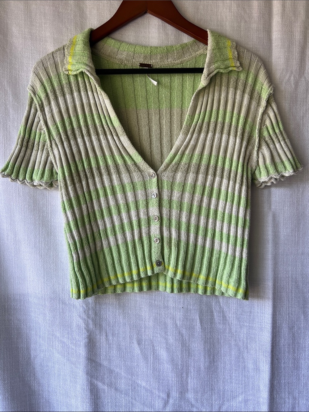 Free People Striped Rib Knit Short Sleeve Cardigan - Green & Cream Size M